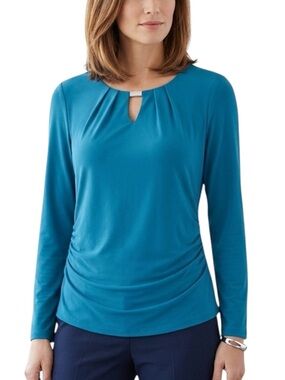 Calvin Klein Keyhole Long Sleeve Ruched Side Stretch Top Women’s M Teal Blue
